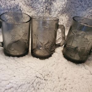 Vintage 1970 McDonald's Set of 4 Smoked Gray Glass Coffee Mugs Sports Edition